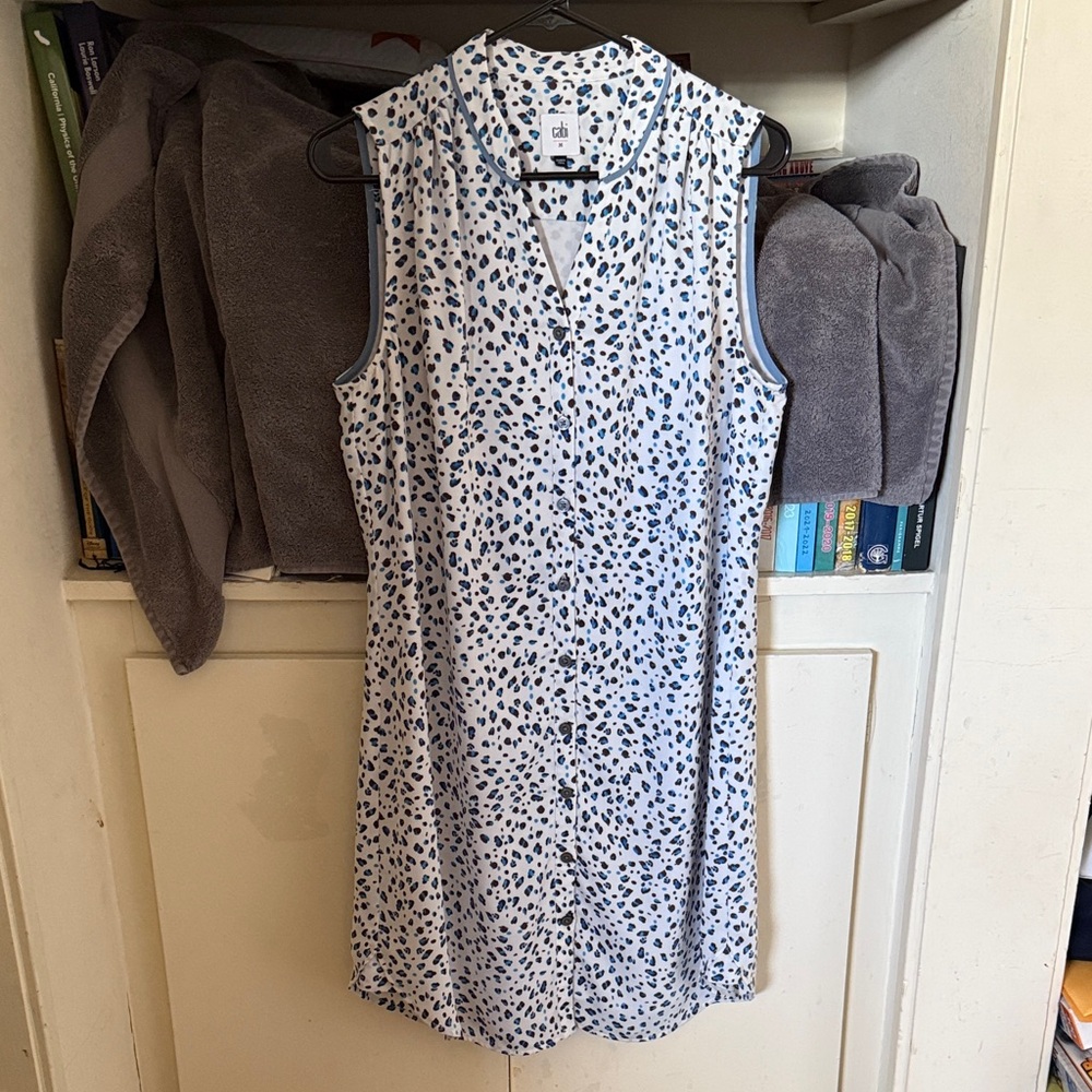 Cabi Camila White, Blue and Brown Sleeveless Shirt Dress
